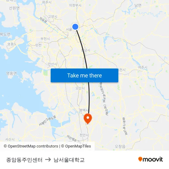 종암동주민센터 to 남서울대학교 map
