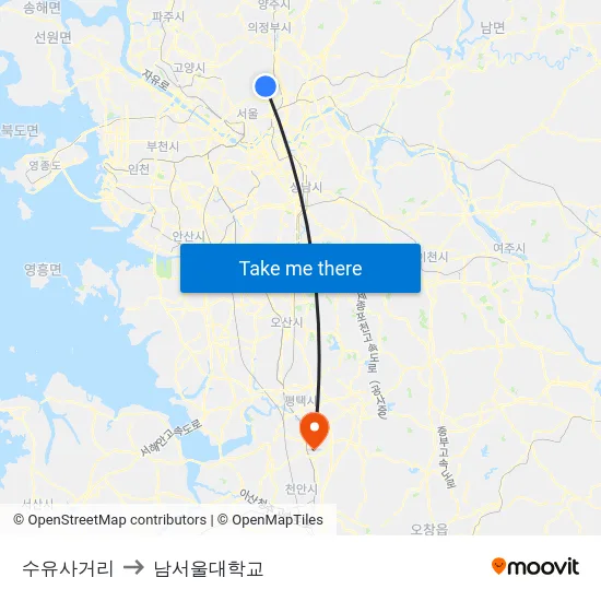 수유사거리 to 남서울대학교 map