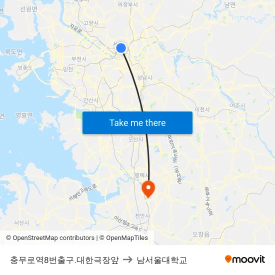 충무로역8번출구.대한극장앞 to 남서울대학교 map