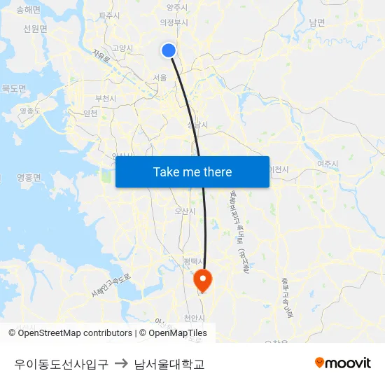우이동도선사입구 to 남서울대학교 map