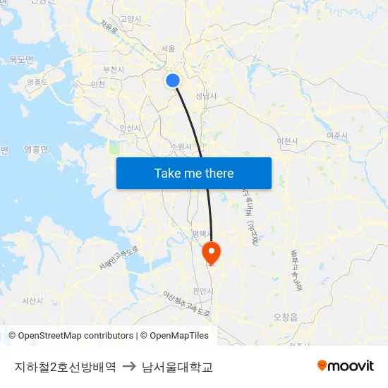 지하철2호선방배역 to 남서울대학교 map