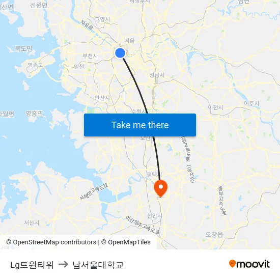 Lg트윈타워 to 남서울대학교 map