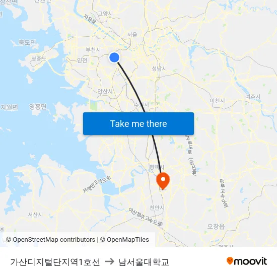 가산디지털단지역1호선 to 남서울대학교 map