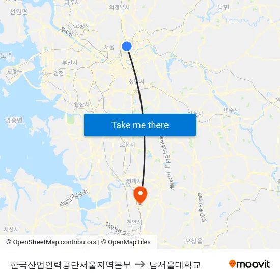 한국산업인력공단서울지역본부 to 남서울대학교 map