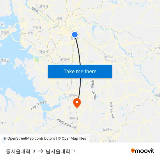 동서울대학교 to 남서울대학교 map