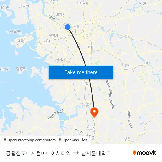공항철도디지털미디어시티역 to 남서울대학교 map