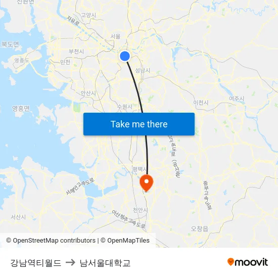 강남역티월드 to 남서울대학교 map