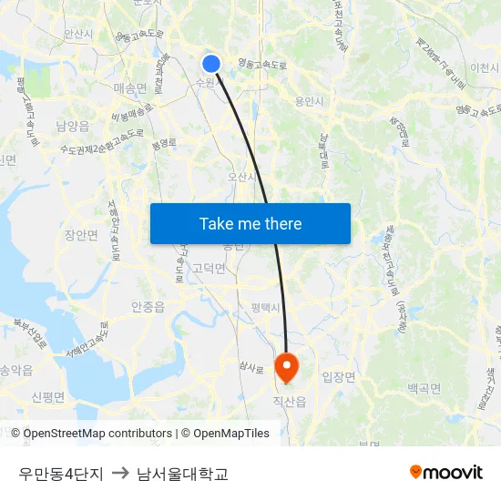 우만동4단지 to 남서울대학교 map