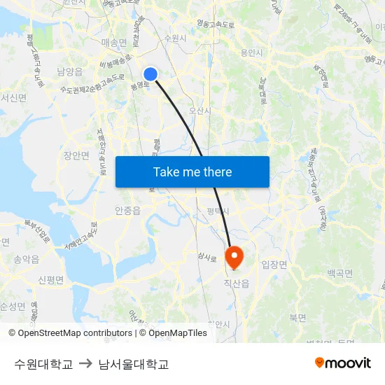 수원대학교 to 남서울대학교 map