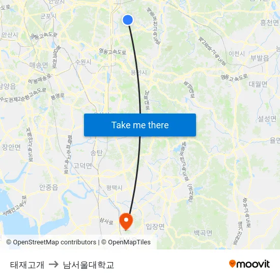 태재고개 to 남서울대학교 map