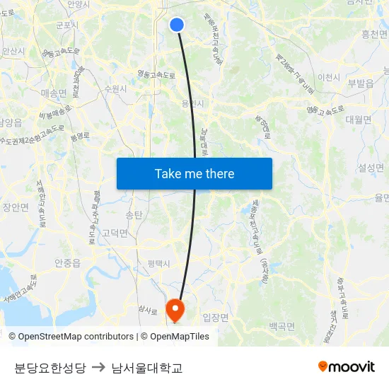 분당요한성당 to 남서울대학교 map