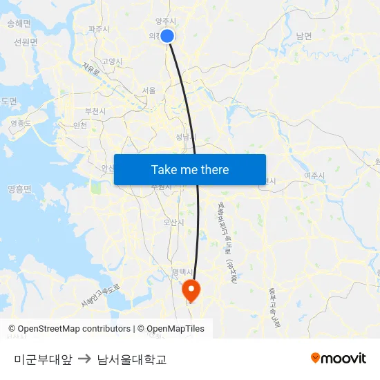 미군부대앞 to 남서울대학교 map