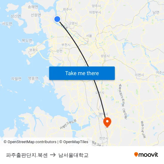 파주출판단지.북센 to 남서울대학교 map