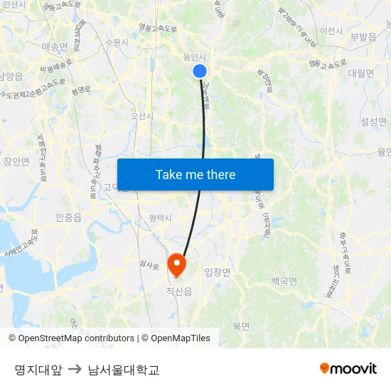 명지대앞 to 남서울대학교 map