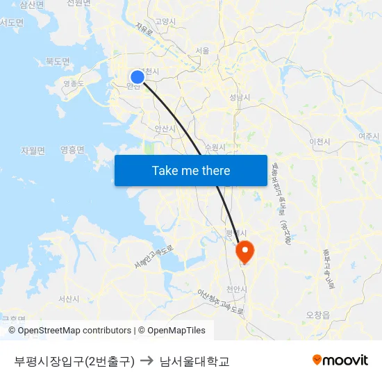 부평시장입구(2번출구) to 남서울대학교 map