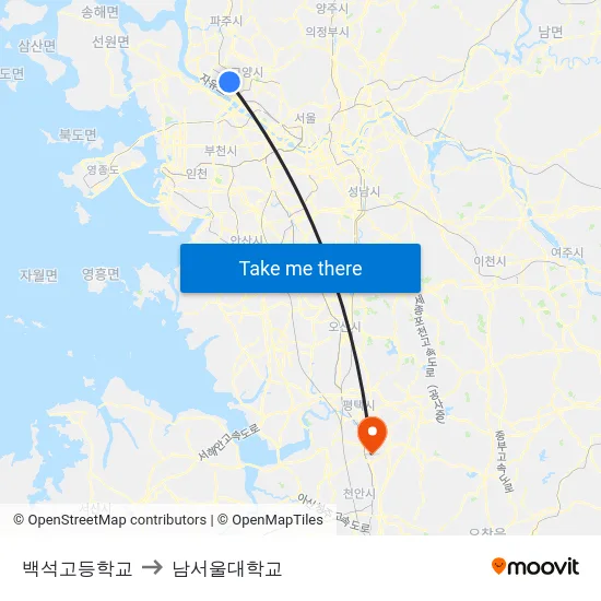 백석고등학교 to 남서울대학교 map
