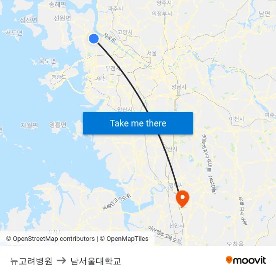 뉴고려병원 to 남서울대학교 map