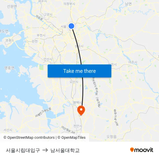 서울시립대입구 to 남서울대학교 map