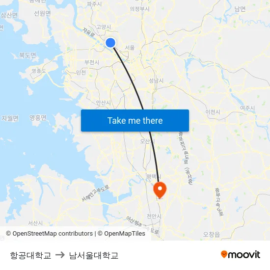 항공대학교 to 남서울대학교 map