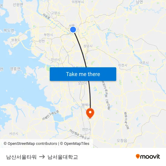 남산서울타워 to 남서울대학교 map