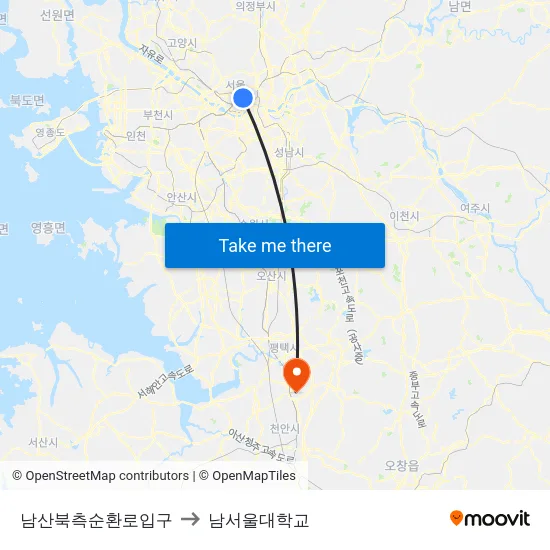 남산북측순환로입구 to 남서울대학교 map