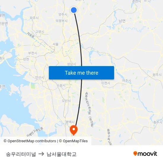 송우리터미널 to 남서울대학교 map