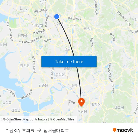 수원Kt위즈파크 to 남서울대학교 map