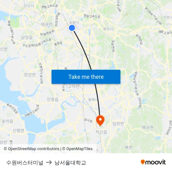 수원버스터미널 to 남서울대학교 map