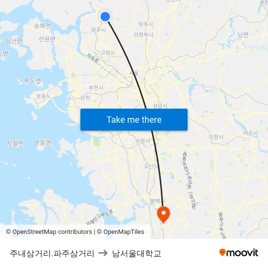 주내삼거리.파주삼거리 to 남서울대학교 map