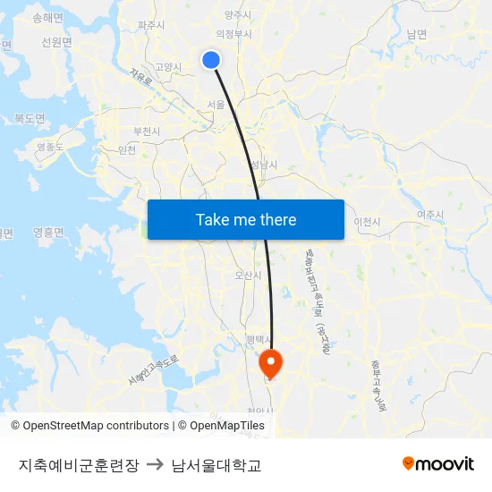 지축예비군훈련장 to 남서울대학교 map