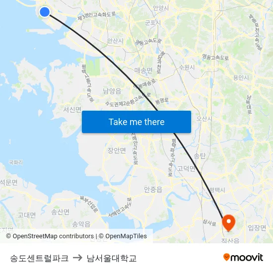 송도센트럴파크 to 남서울대학교 map