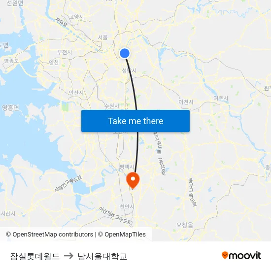 잠실롯데월드 to 남서울대학교 map