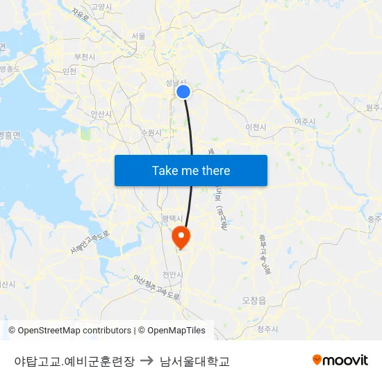 야탑고교.예비군훈련장 to 남서울대학교 map