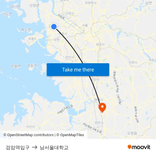검암역입구 to 남서울대학교 map
