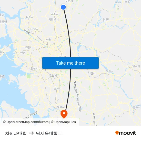 차의과대학 to 남서울대학교 map