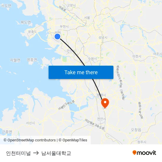인천터미널 to 남서울대학교 map