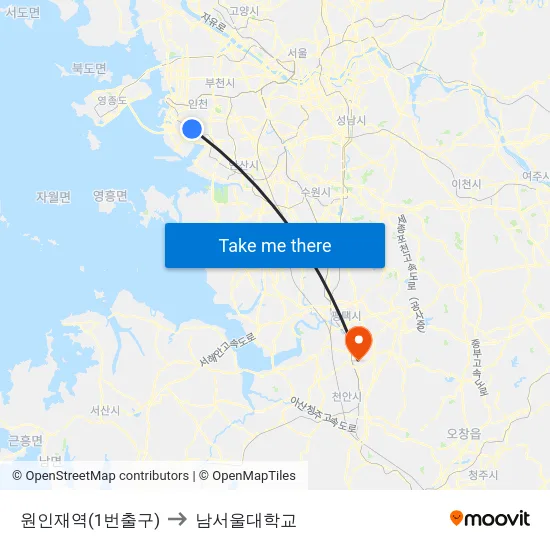 원인재역(1번출구) to 남서울대학교 map