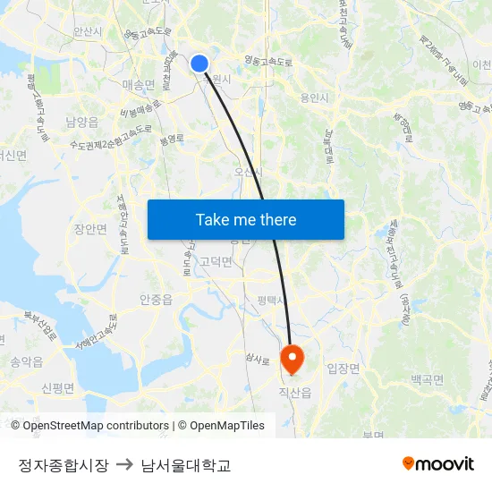 정자종합시장 to 남서울대학교 map