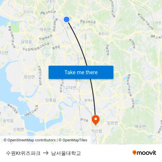 수원Kt위즈파크 to 남서울대학교 map