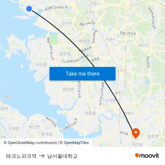 테크노파크역 to 남서울대학교 map