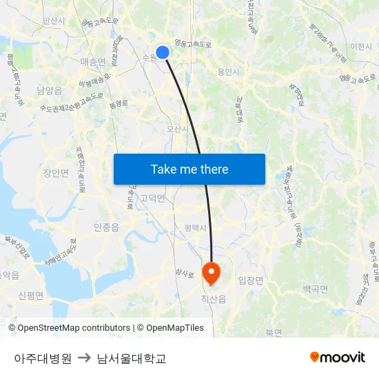 아주대병원 to 남서울대학교 map