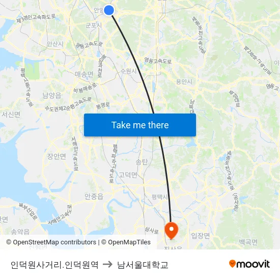 인덕원사거리.인덕원역 to 남서울대학교 map