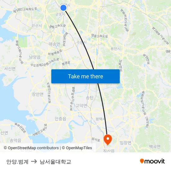 안양.범계 to 남서울대학교 map