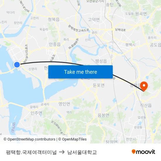 평택항.국제여객터미널 to 남서울대학교 map