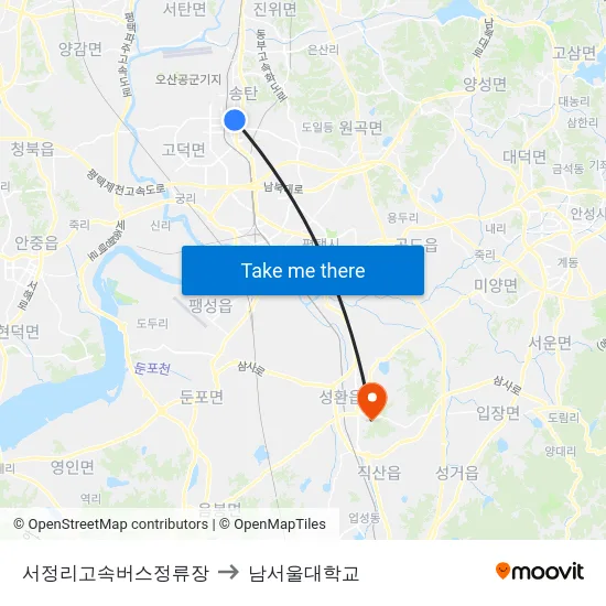 서정리고속버스정류장 to 남서울대학교 map