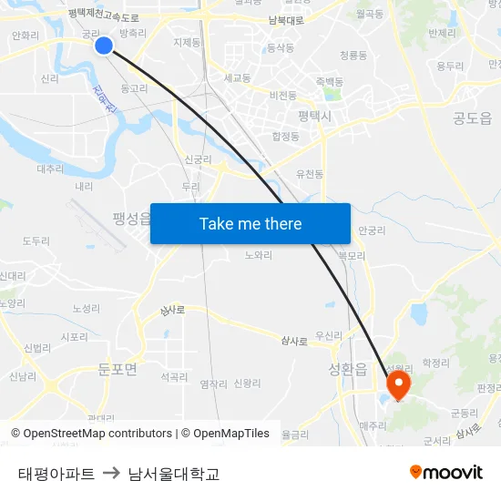 태평아파트 to 남서울대학교 map
