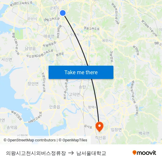 의왕시고천시외버스정류장 to 남서울대학교 map
