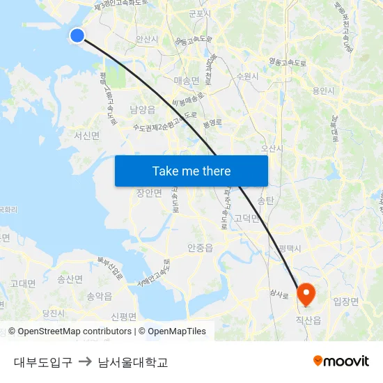 대부도입구 to 남서울대학교 map