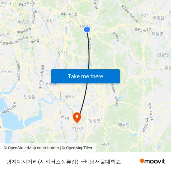 명지대사거리(시외버스정류장) to 남서울대학교 map