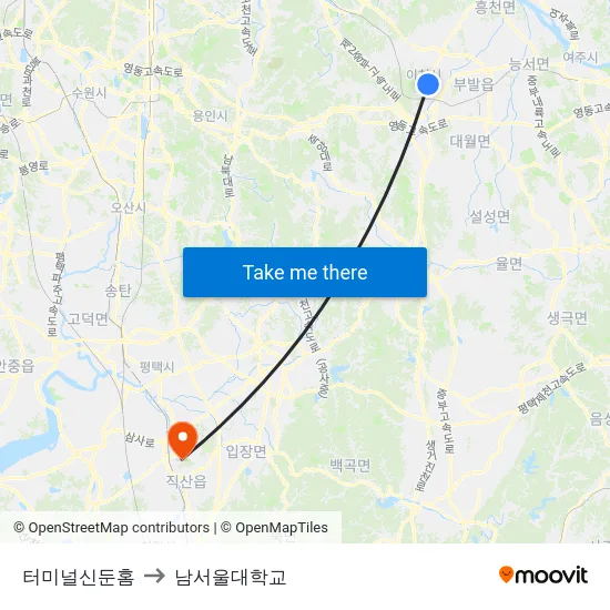 터미널신둔홈 to 남서울대학교 map